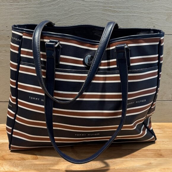Tommy Hilfiger Handbags - Tommy Hilfiger Blue White Reddish Brown Stripes Tote Shoulder Bag Large Purse